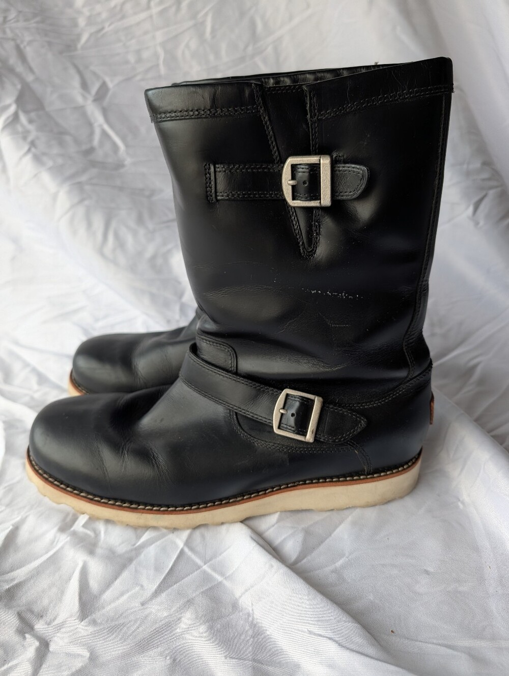 UGG leather boots buckle mid-calf biker sheepskin lined women size 12 black